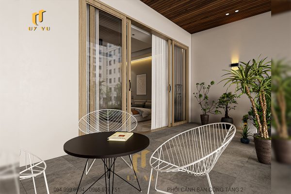 Phối cảnh từ ngoài vào trong của ban công tầng 2 biệt thự chị Diễm
