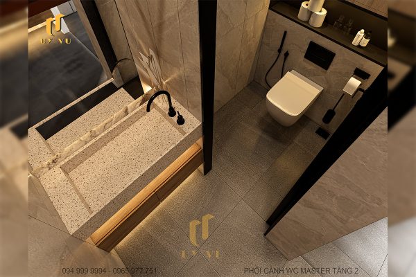 Phối cảnh WC Master tầng 2 biệt thự từ trên xuống nhà chị Diễm