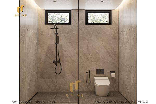 Phối cảnh WC ngủ của con tầng 2 tiện lợi biệt thự chị Diễm
