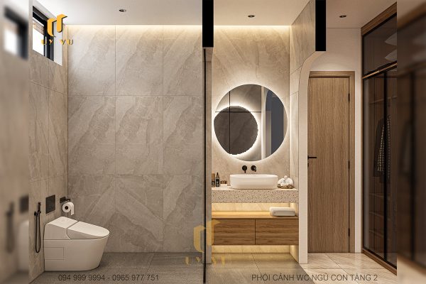 Phối cảnh WC ngủ của con tầng 2 biệt thự chị Diễm