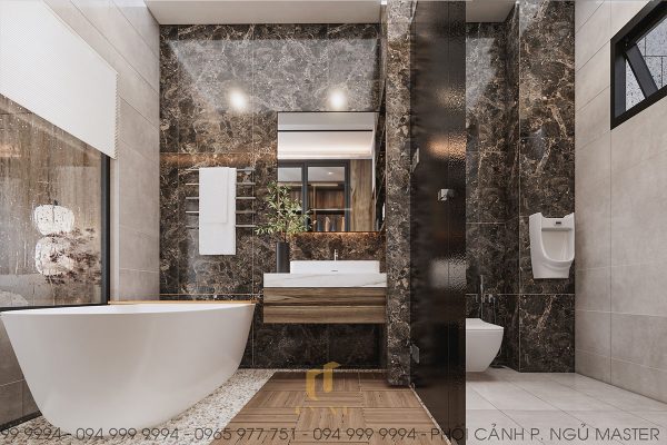 WC phòng ngủ master được chia làm các khu vực tắm, khu vực vệ sinh riêng biệt