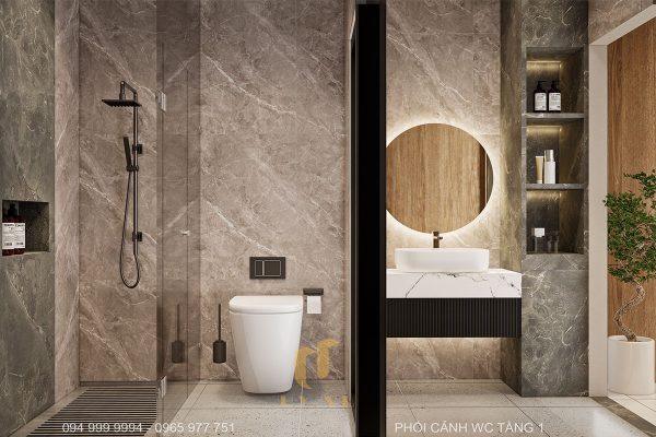 WC tầng 1 được chia làm khu vực tắm, khu vực vệ sinh, khu vực lavabo
