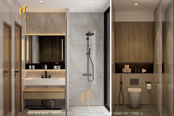Phối cảnh WC tầng 3 góc đối diện biệt thự chị Diễm