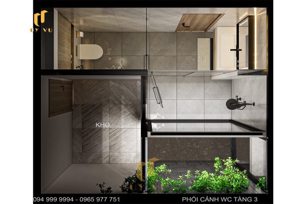 Phối cảnh WC tầng 3 từ trên xuống biệt thự chị Diễm