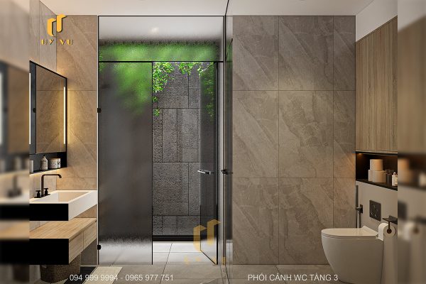 Phối cảnh WC tầng 3 nhìn ngang biệt thự chị Diễm