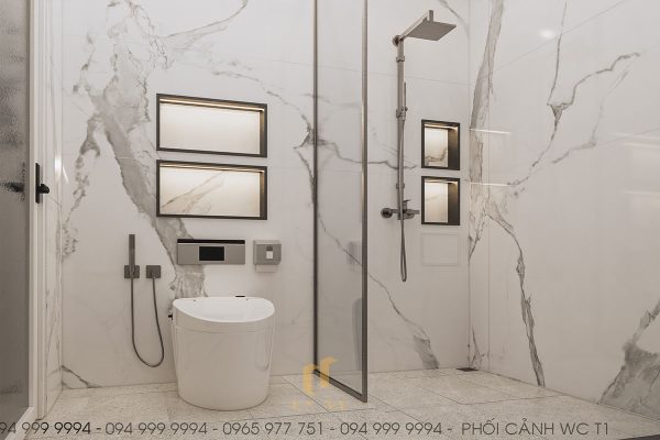 Nhà vệ sinh được lắp đặt các kệ để đồ nhỏ gọn, tiện lợi