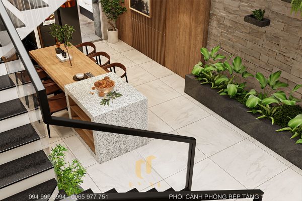Không gian phòng bếp được bố trí thêm tiểu cảnh tạo cảm giác xanh mát