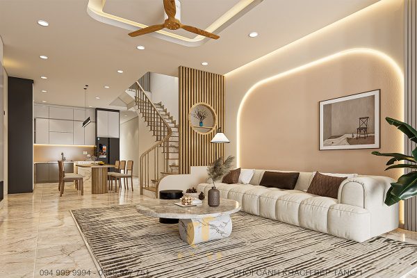 Đèn trang trí và quạt trần tăng sự thông thoáng và ánh sáng cho phòng khách