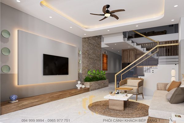 Bức tường cách điệu và tivi treo tường tiết kiệm không gian