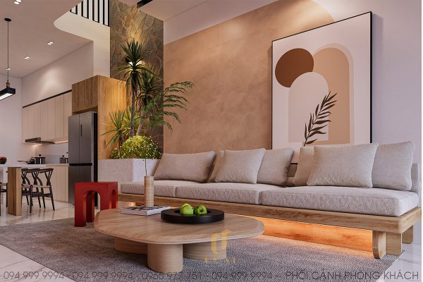 Sofa trắng và bàn trà gỗ nổi bật giữa căn phòng