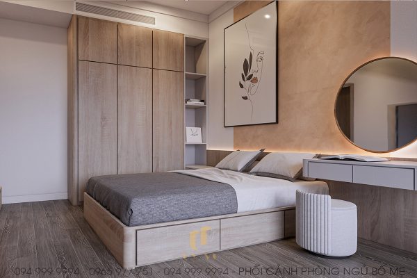 Phòng ngủ của bố mẹ được trang trí bởi những bức tranh đơn giản, tạo điểm nhấn nhẹ nhàng cho không gian