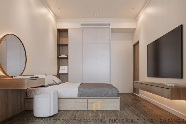 Phòng ngủ tầng 1 được thiết kế đơn giản nhưng đầy đủ tiện nghi