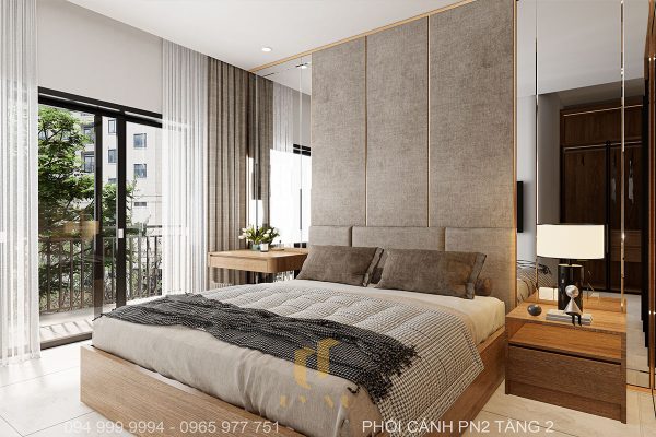 Phòng ngủ có ban công và cửa lớn để đón ánh sáng tự nhiên