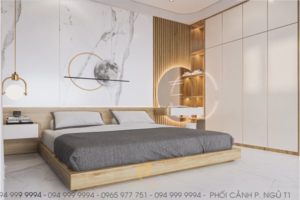 Khu vực bàn trang điểm, bàn làm việc được bố trí ở vị trí đầu giường
