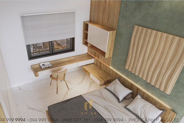 Căn phòng được tạo điểm nhấn bởi mảng tường xám ở đầu giường