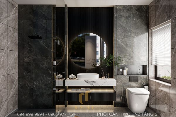 Không gian WC tầng 2 được kết hợp giữa các tone màu tối tạo nên sự sang trọng