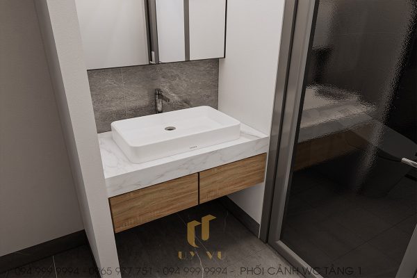 Không gian phòng tắm nhỏ với nội thất đơn giản nhưng đa năng