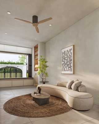 Nội thất trong không gian được bố trí theo phong cách tối giản, tạo điểm nhấn bằng tranh nghệ thuật