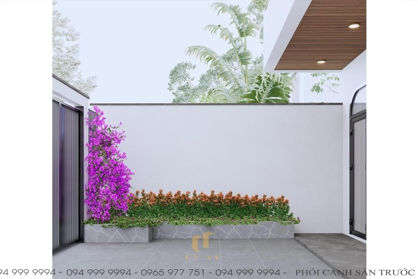 Không gian sân trước ấn tượng với tiểu cảnh cây xanh thơ mộng