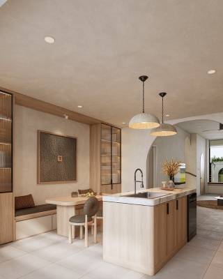 Tủ kính lớn tại căn bếp vừa là nơi đựng vật dụng cần thiết vừa tạo điểm nhấn, trang trí cho căn bếp đẹp hơn