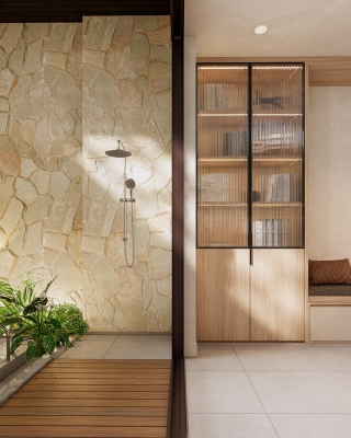 Phối cảnh nhà tắm cạnh bể bơi