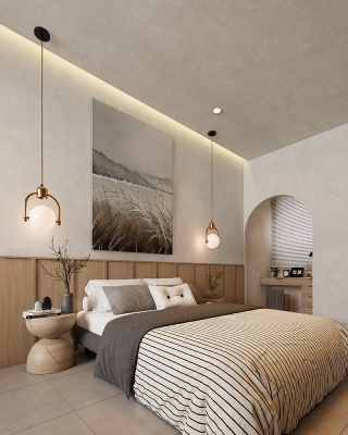 Phòng được trang trí bằng các chi tiết tranh phong cảnh, đèn trần độc đáo
