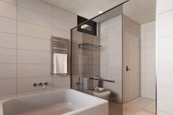 WC được chia làm khu vực tắm, khu vực vệ sinh