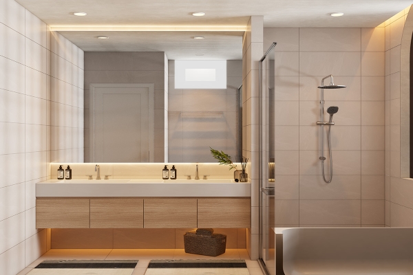 Lavabo cùng gương soi cực lớn tại phòng WC