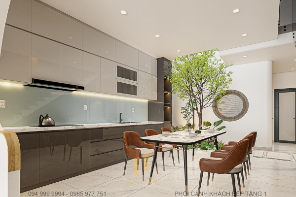 Phối cảnh phòng bếp ăn và giếng trời