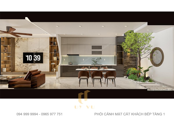 Phối cảnh mặt cắt đứng tầng 1 - phòng khách bếp