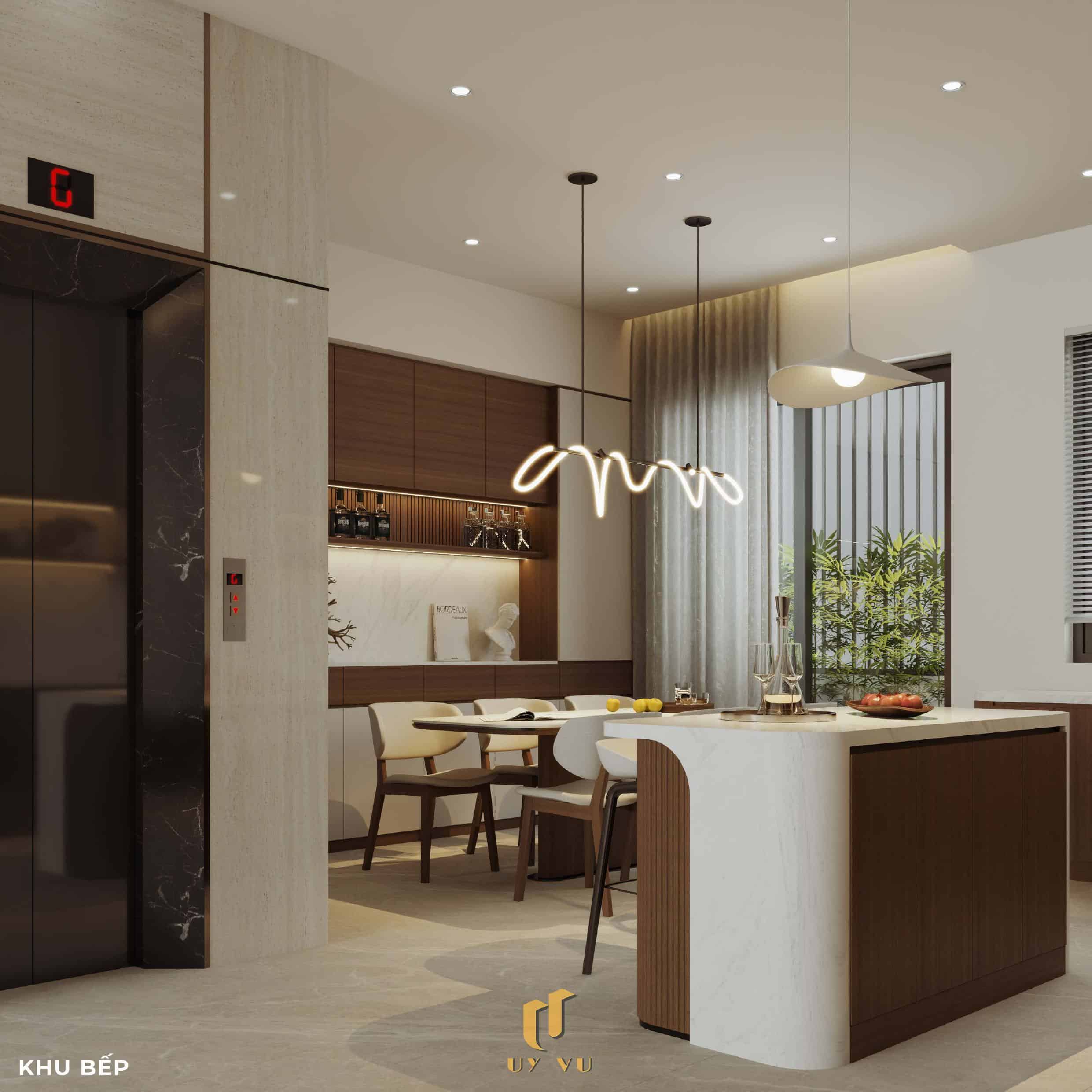 Nhà Chị Xuân Đà Nẵng | Hiện Đại, Tinh Tế Và Đầy Cảm Xúc Phối cảnh khu bếp nhà chị Xuân Đà Nẵng