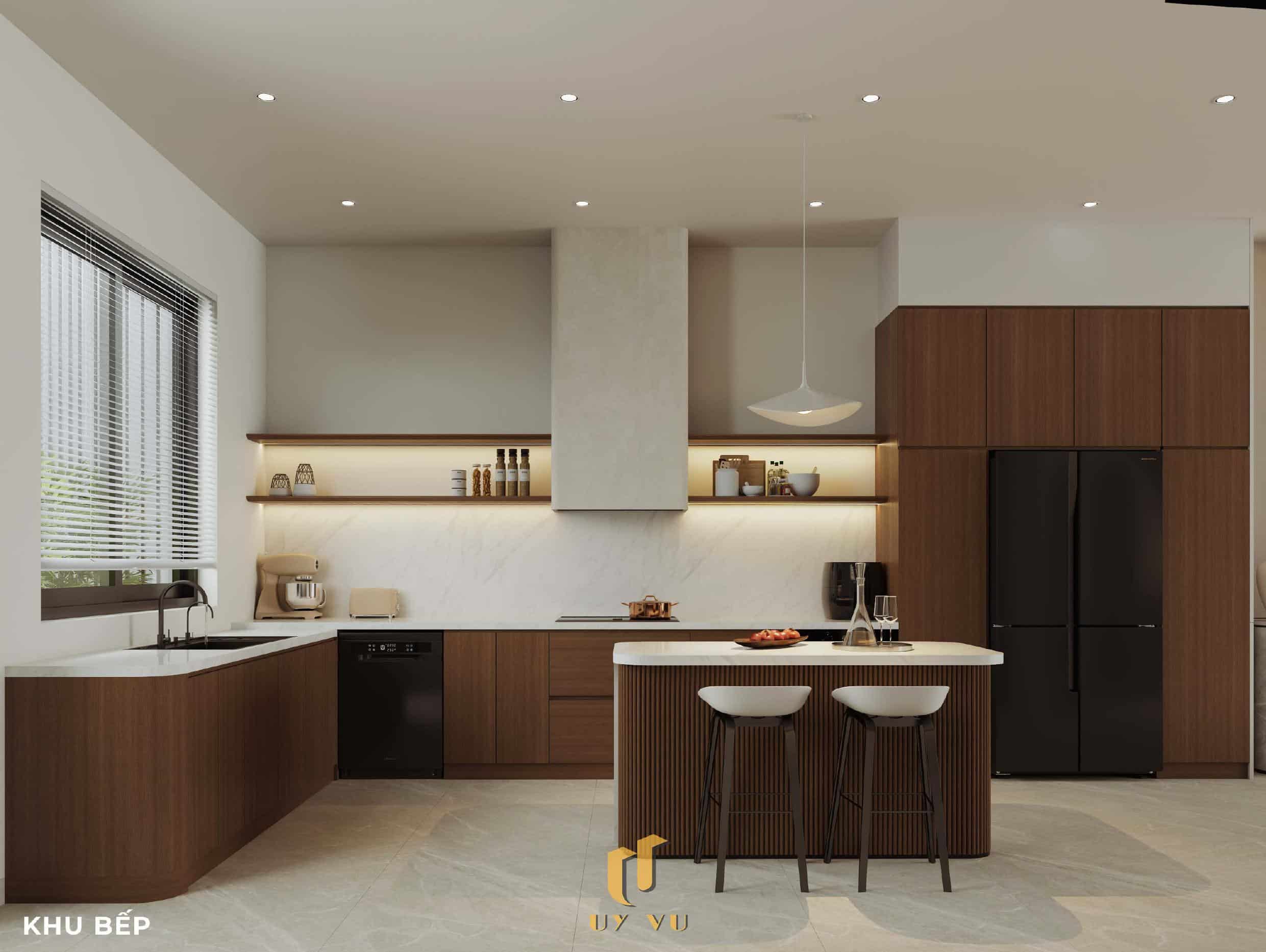 Nhà Chị Xuân Đà Nẵng | Hiện Đại, Tinh Tế Và Đầy Cảm Xúc Phối cảnh khu bếp nhà chị Xuân Đà Nẵng