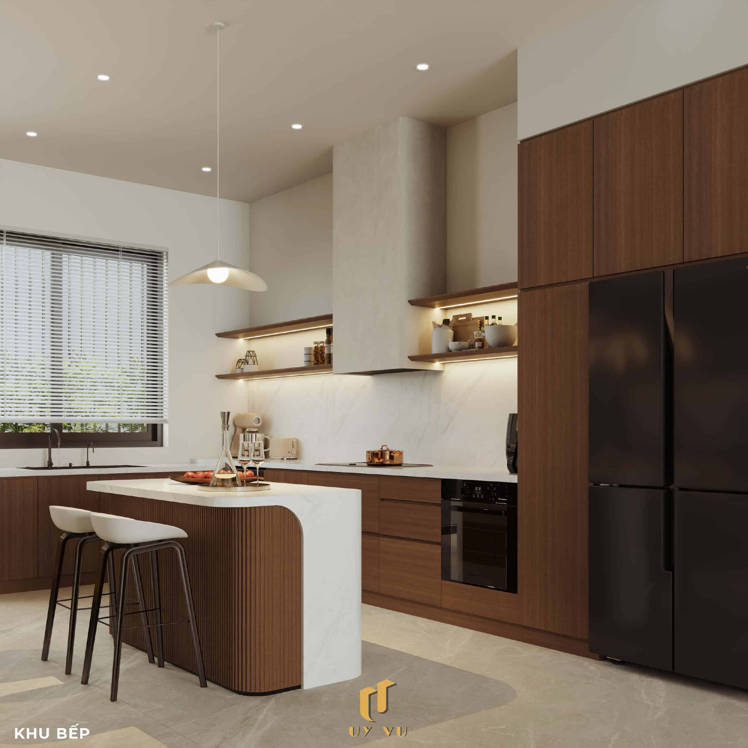 Nhà Chị Xuân Đà Nẵng | Hiện Đại, Tinh Tế Và Đầy Cảm Xúc Phối cảnh khu bếp nhà chị Xuân Đà Nẵng