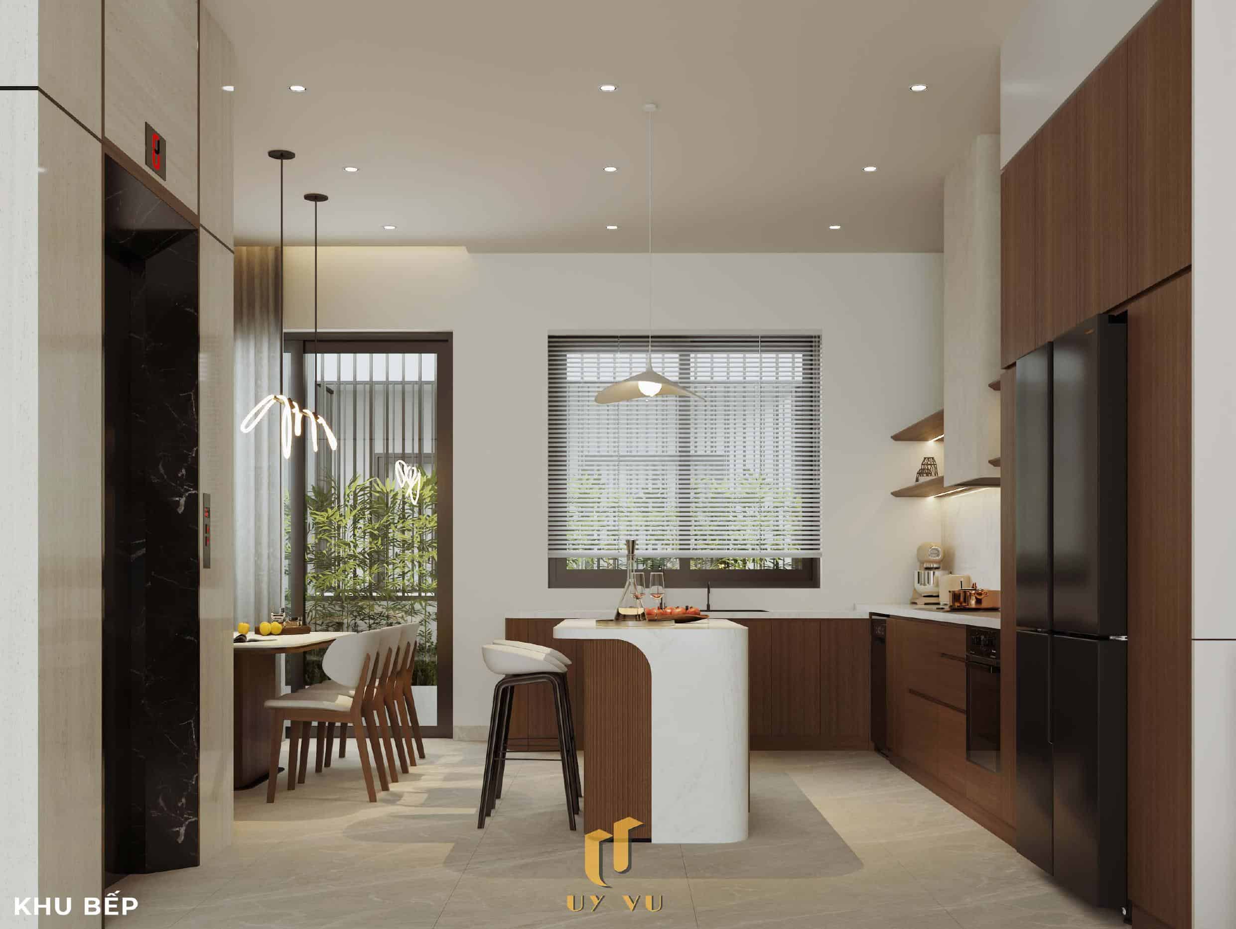 Nhà Chị Xuân Đà Nẵng | Hiện Đại, Tinh Tế Và Đầy Cảm Xúc Phối cảnh khu bếp nhà chị Xuân Đà Nẵng