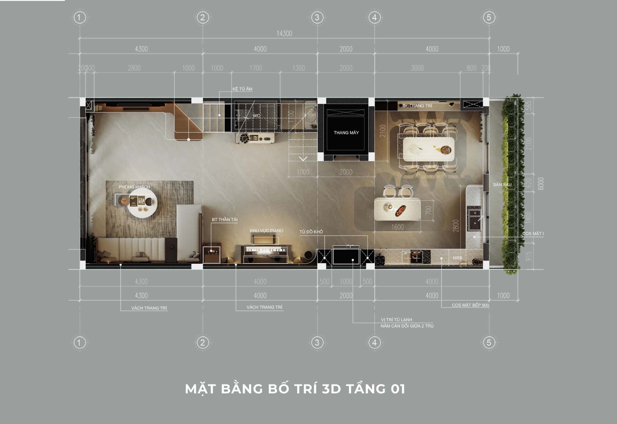 Nhà Chị Xuân Đà Nẵng | Hiện Đại, Tinh Tế Và Đầy Cảm Xúc Phối cảnh mặt bằng bố trí 3d tầng 1 nhà chị Xuân Đà Nẵng