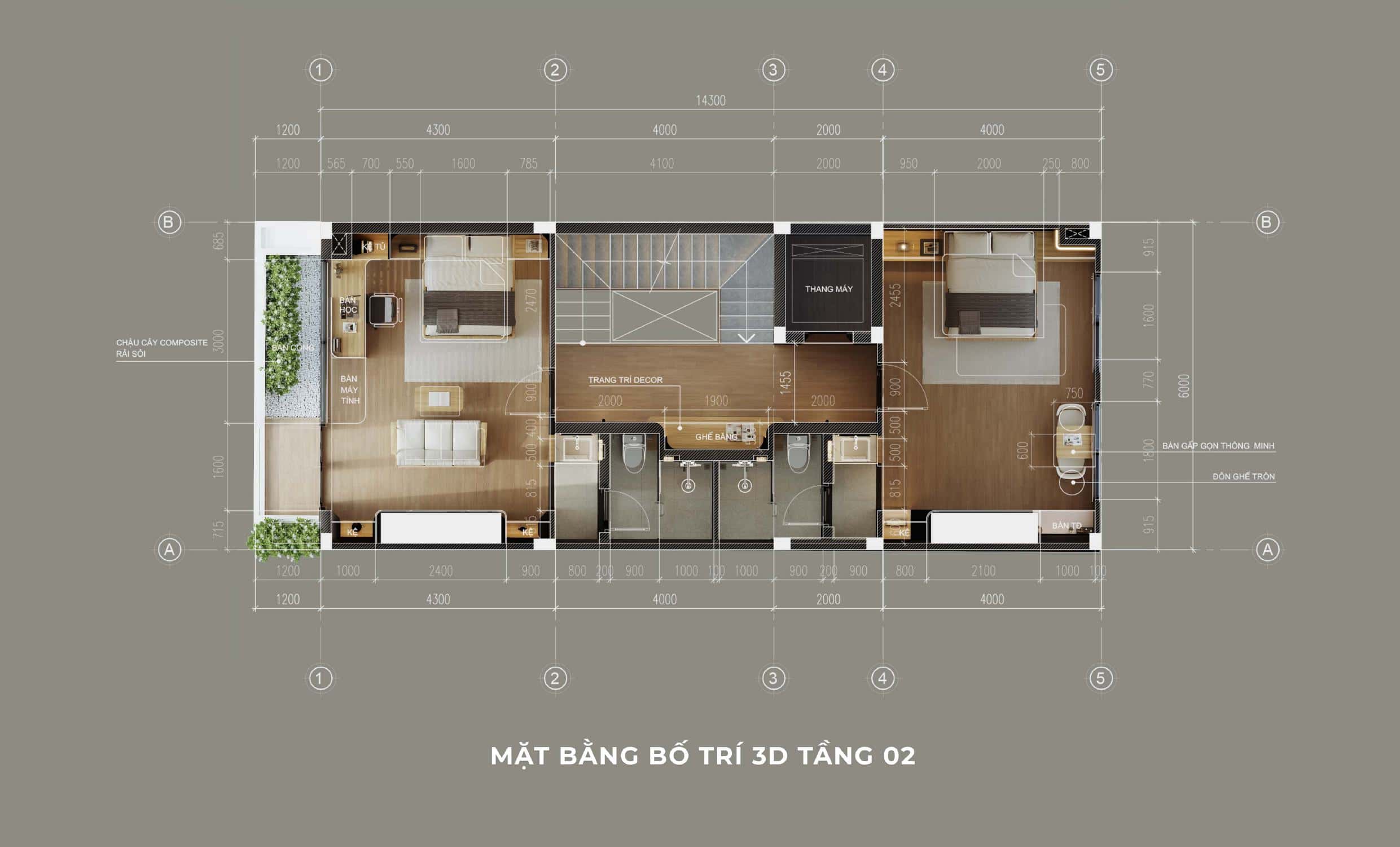 Nhà Chị Xuân Đà Nẵng | Hiện Đại, Tinh Tế Và Đầy Cảm Xúc Phối cảnh mặt bằng bố trí 3d tầng 2 nhà chị Xuân Đà Nẵng