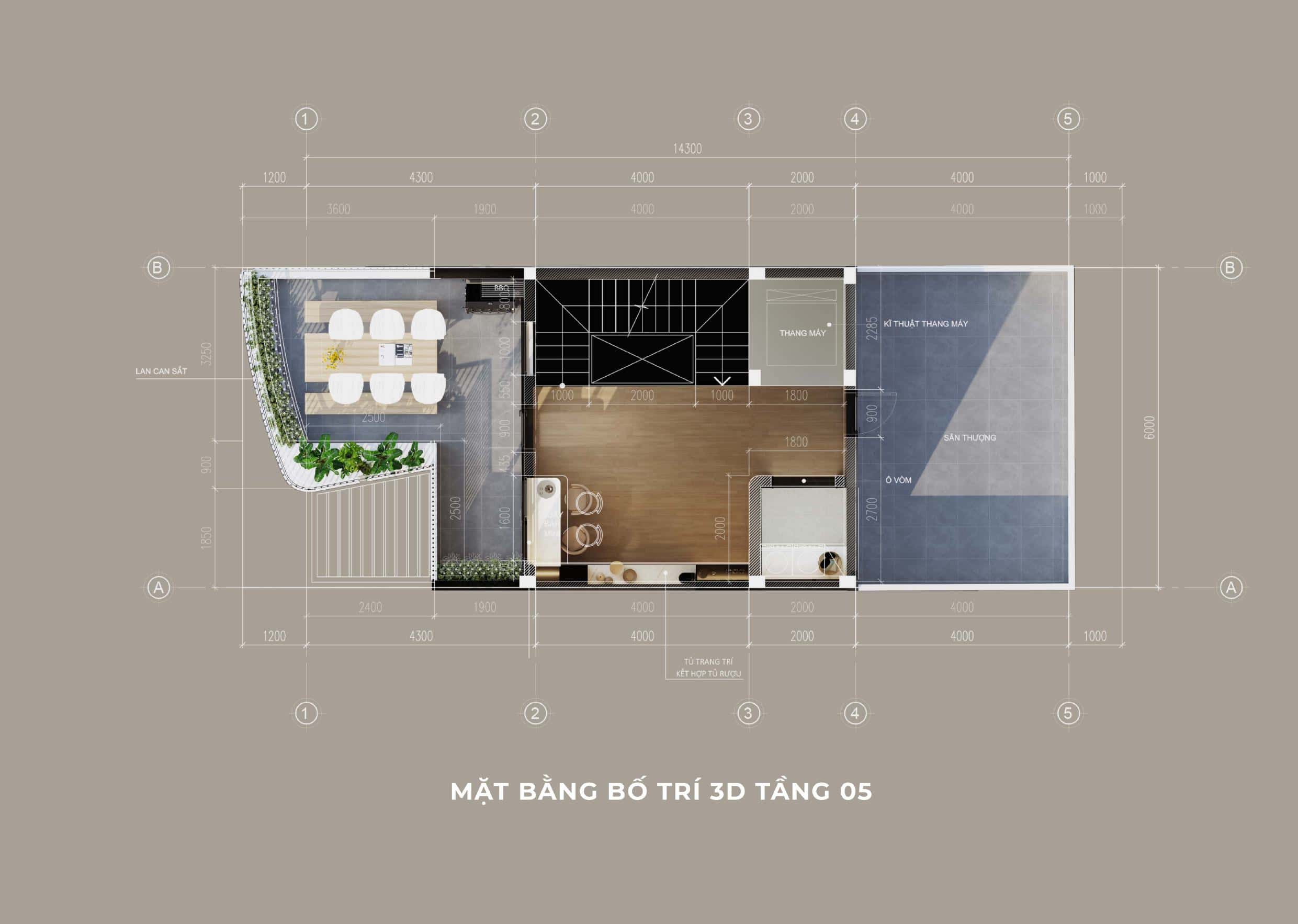 Nhà Chị Xuân Đà Nẵng | Hiện Đại, Tinh Tế Và Đầy Cảm Xúc Phối cảnh mặt bằng bố trí 3d tầng 5 nhà chị Xuân Đà Nẵng