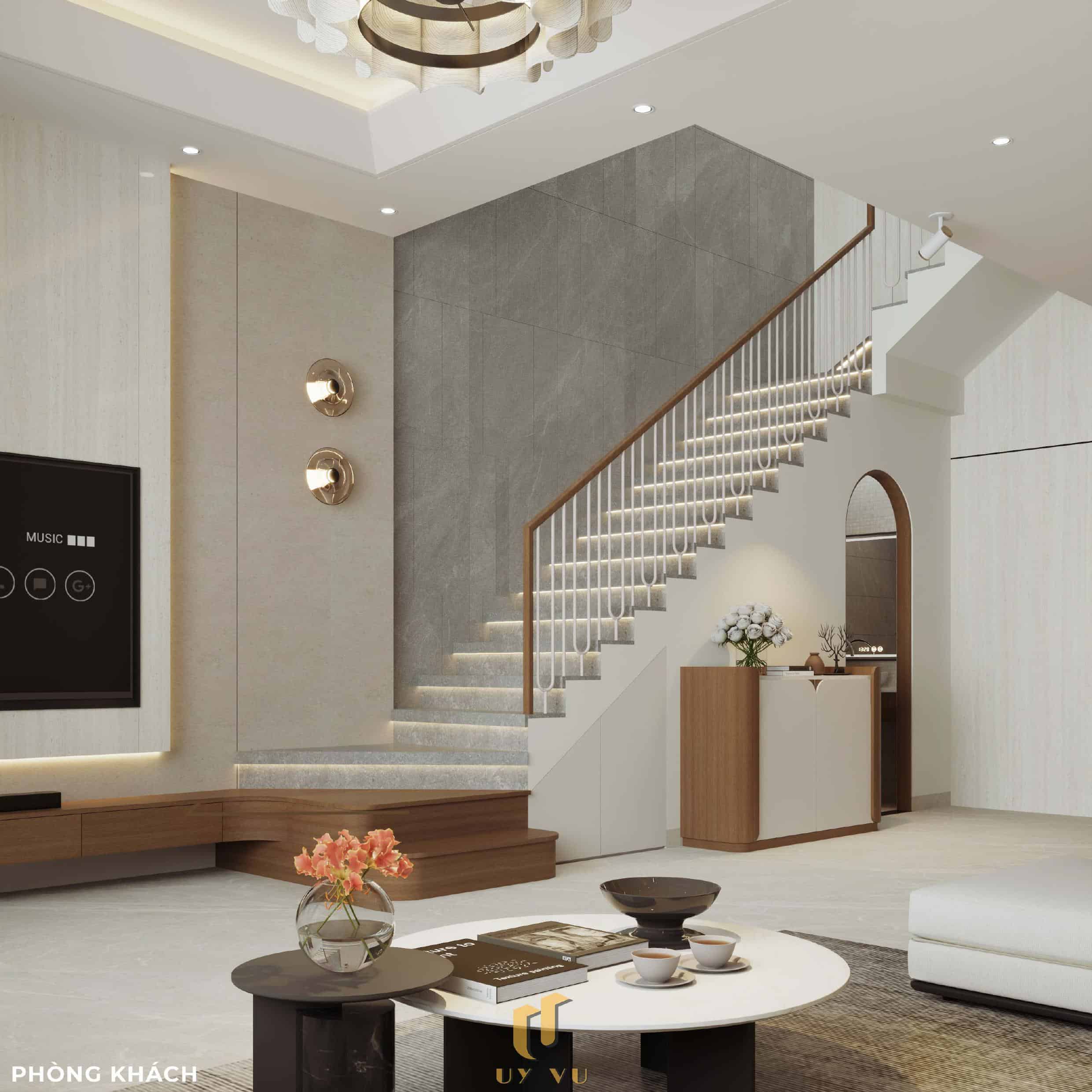 Nhà Chị Xuân Đà Nẵng | Hiện Đại, Tinh Tế Và Đầy Cảm Xúc Phối cảnh phòng khách nhà chị Xuân Đà Nẵng