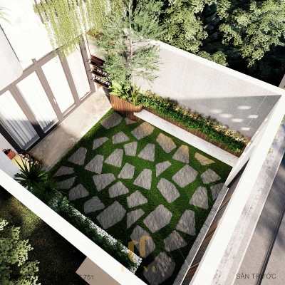 Phối cảnh sân trước nhìn từ trên cao nhà Nam Duyên