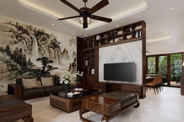 Phối cảnh phòng khách sang trọng, cổ điển