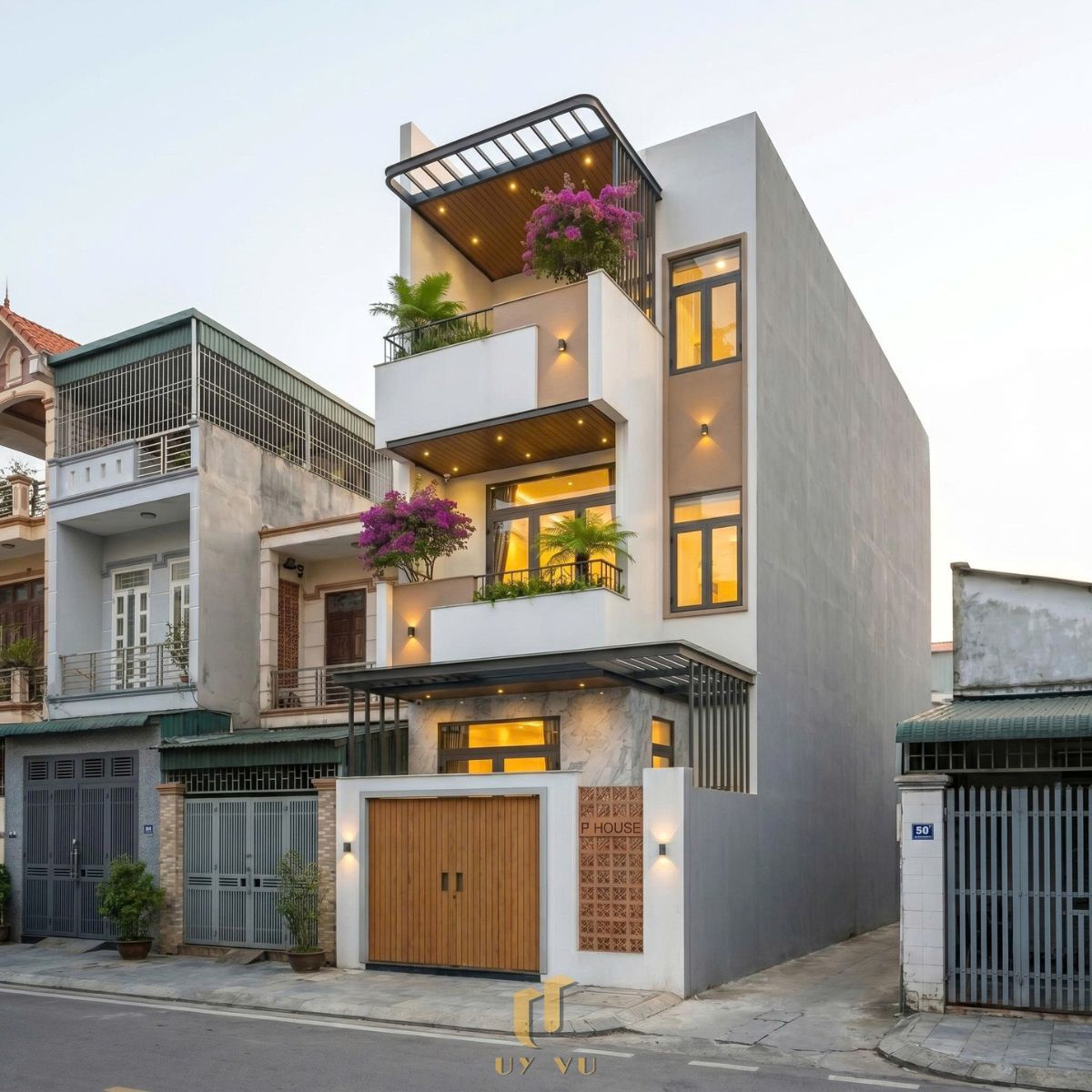 P’ House – Sự Hài Hòa Giữa Ánh Sáng, Chất Liệu Và Không Gian Sống Phối cảnh mặt tiền nhà anh Phước