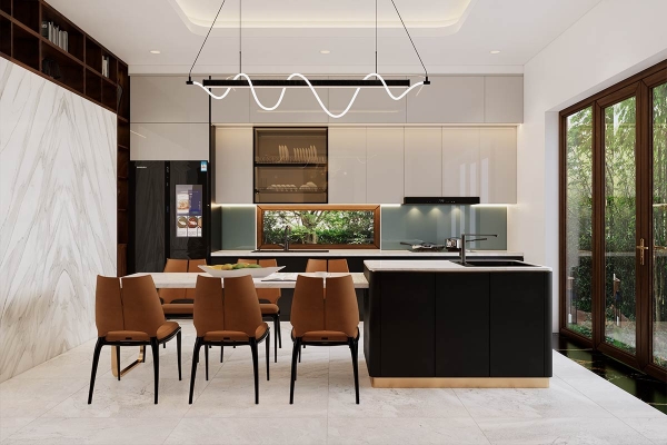 Không gian bếp hiện đại kết hợp cây xanh