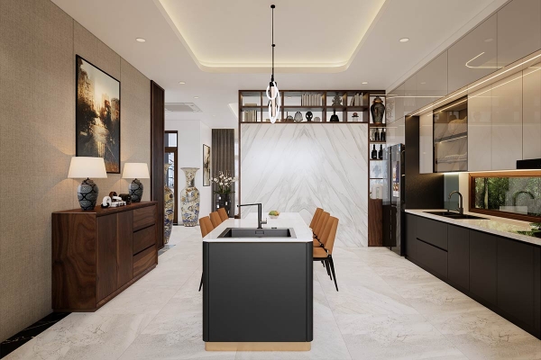 Phòng ăn tiện nghi với căn bếp sang trọng nhà chị Mai