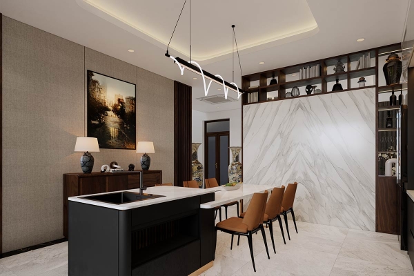 Phối cảnh phòng bếp view 2 nhà chị Mai