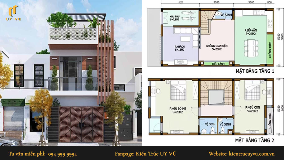mẫu nhà phố 2 tầng 2 phòng ngủ