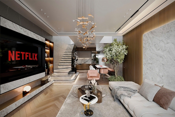 không gian phòng khách rộng rãi, sang trọng nhà chị lệ chi