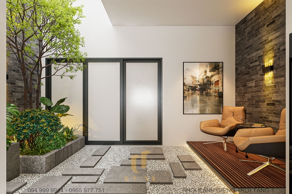 Phối cảnh giếng trời tầng 1 nhà anh Tuấn