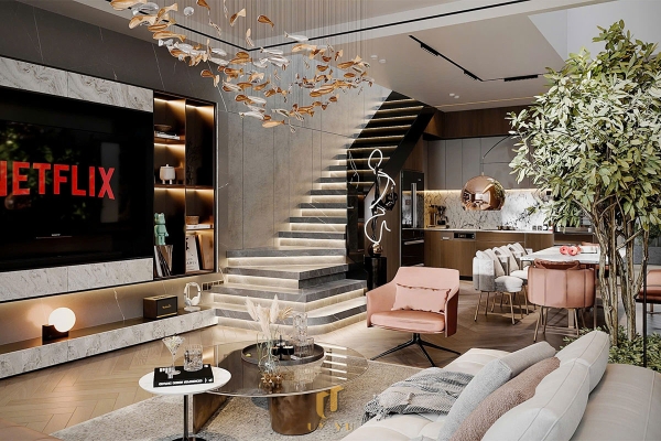 phối cảnh không gian phòng khách nhà chị lệ chi