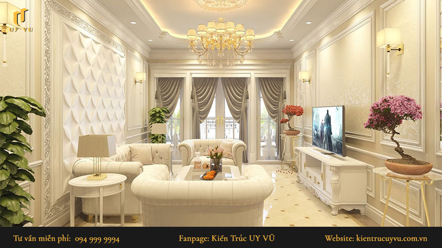 Thiết kế nội thất cổ điển - Khái niệm, ưu nhược điểm & các thiết kế đẹp Phòng khách sử dụng đèn chùm tạo nên sự sang trọng.
