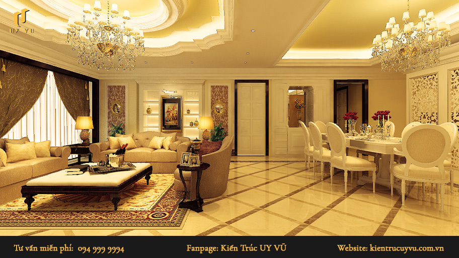 Thiết kế nội thất tân cổ điển: Khái niệm, đặc trưng & mẫu thiết kế đẹp Căn phòng sử dụng đèn có màu vàng tạo nên sự ấm cúng và sang trọng.